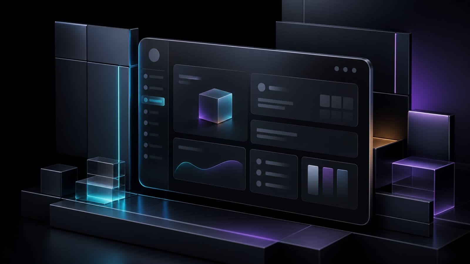 Abstract dark commerce interface integrated into a modular system with cyan and violet lighting