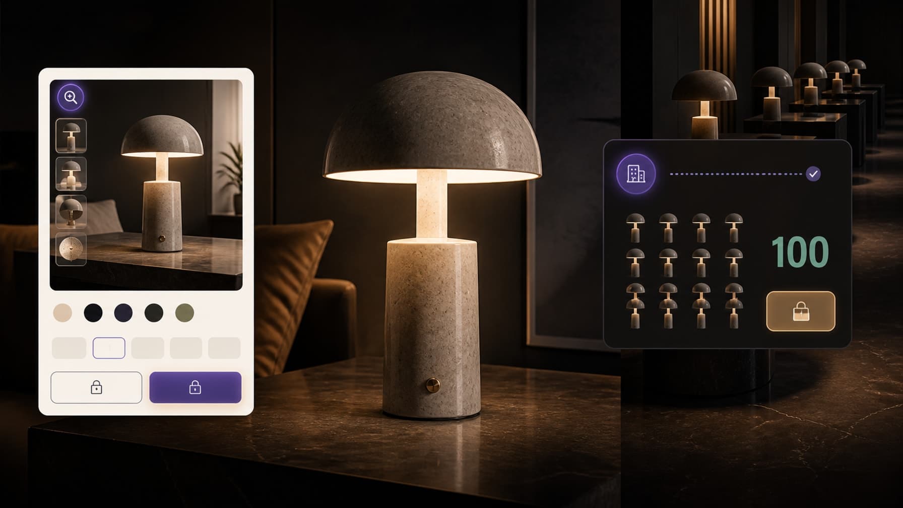 A premium lamp product page beside a bulk project-order interface showing the same lamp in a 100-unit order.